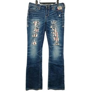 AFFLICTION Jeans Womens 29 Bootcut Distressed American Flag Biker Patches Denim